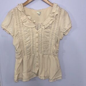Odille Anthropologie Cream white Ruffle Top blouse 10 peplum shirt ivory button